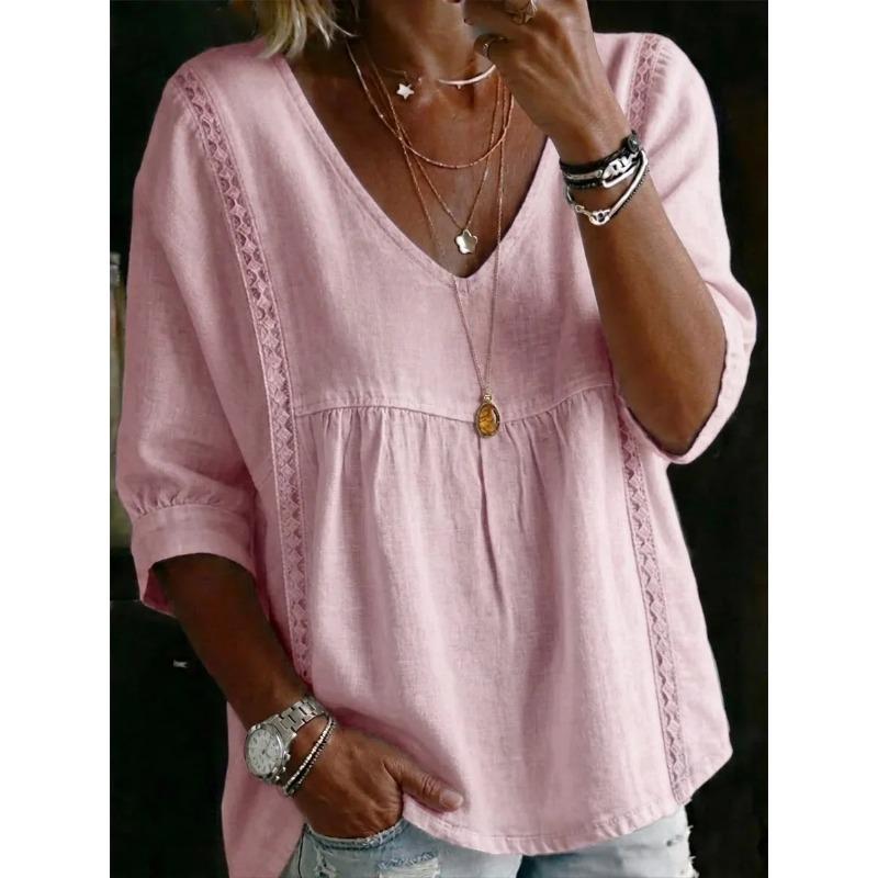 Women's Cross-Border  Fashion Lace V-Neck Pullover Solid Color Casual Three-Quarter Sleeve Blouse