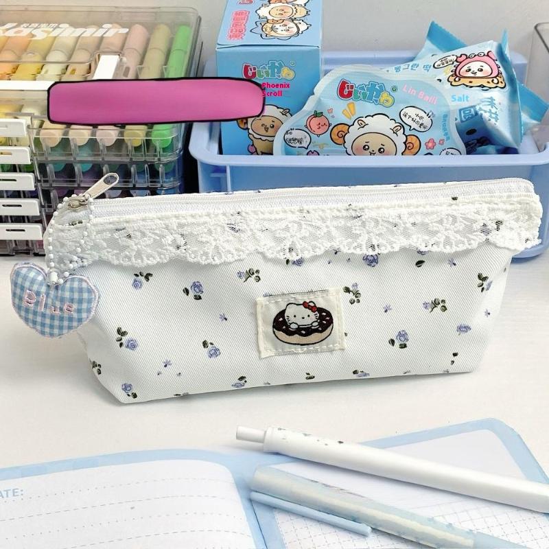 Lace Trim Pink Floral Pencil Bag Ins Style Cute Girls Stationery Organizer Large Capacity Pen Pouch School Office Supplies