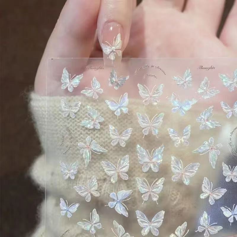 

White Relief Butterfly Nail Art Sticker Three-dimensional Glue-back High-end Fairy Gas Liquid Butterfly Nail Sticker Decoration T116-Beiguang Butterfly 211