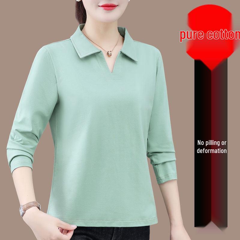Premium Pure Cotton Long-Sleeve Women's T-Shirt, Spring/Autumn 2026, Plus Size Loose Fit for Middle-Aged Mothers