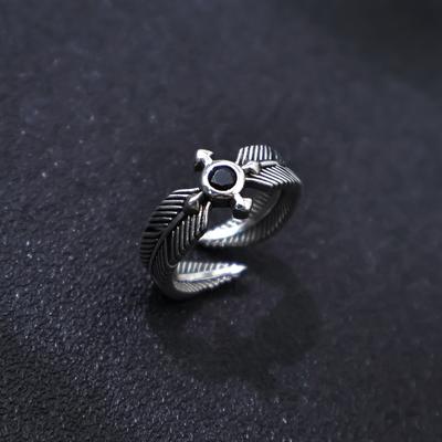 Retro Black Zircon Feather Adjustable Open Ring for Men Silver-plated Copper Gothic Punk Edgy Jewelry Niche Accessories Gift