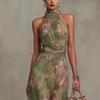 European Style Women Clothing Pleated Off-shoulder Print Sexy Spaghetti Strap Maxi Dress