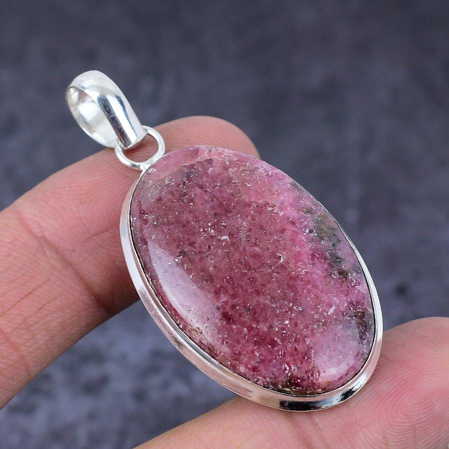 Natürlicher Rhodonit-Edelstein, handgefertigt, 925er Sterlingsilber, Geschenkanhänger, 5,3 cm, R5J55