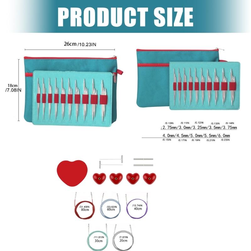 10Pairs Aluminum Knitting Needle 2.75-6.0mm Interchangeable Circular Knitting Needle Set with PU Binder for Crocheting