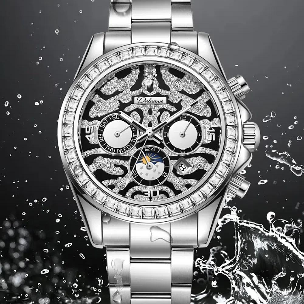 Dulunwe Moon Phases Calendar Display Watch Waterproof Stainless Steel Gold Wristwatch Luxury Unique Men's Automatic Mechanical Watches
