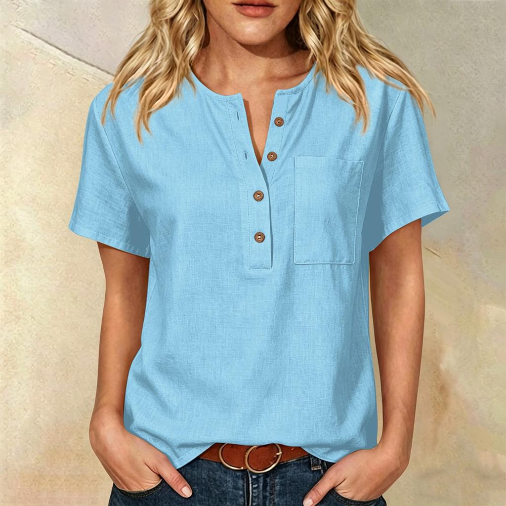 Women Henley Button Neck Short Sleeve Cotton Linen Shirt with Chest Pocket Loose Fit Casual Top for Daily Office Wear