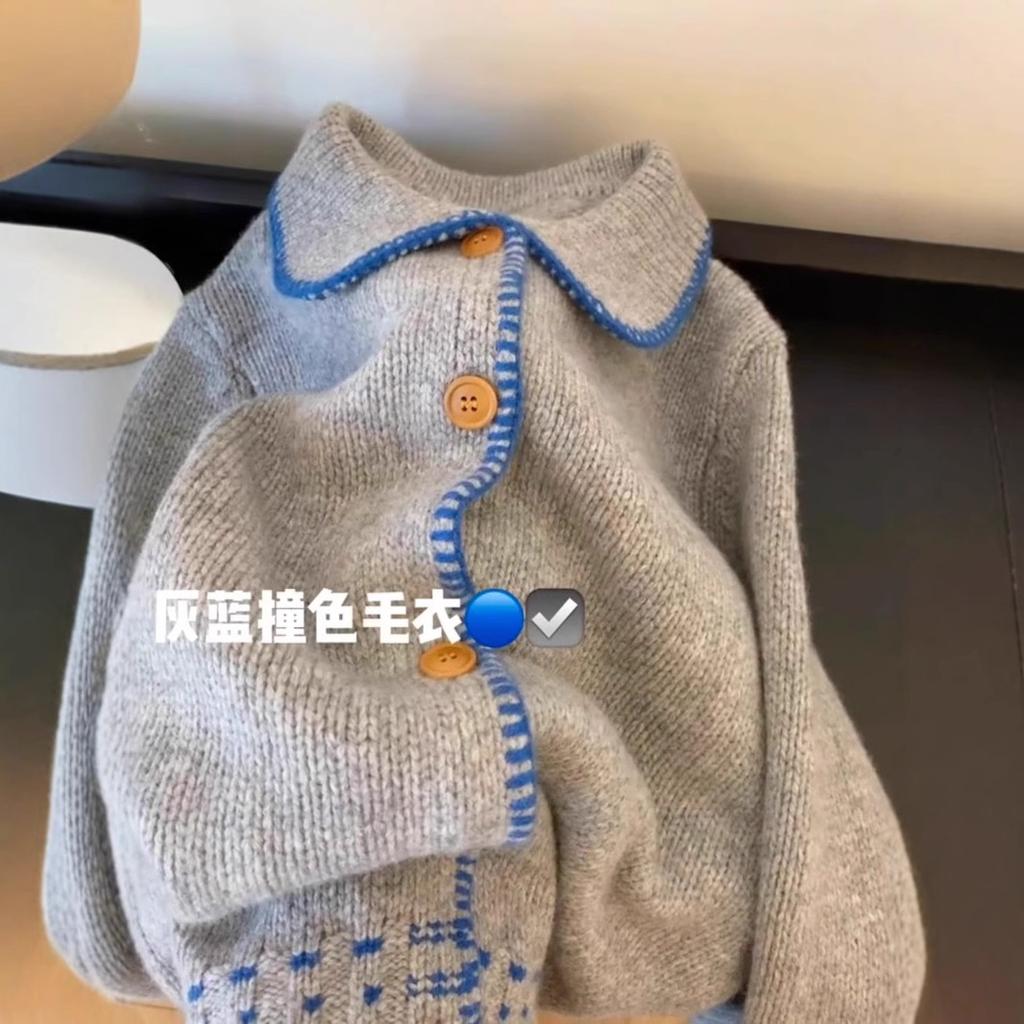 Contrast color soft waxy sweater jacket knitted cardigan top women's autumn and winter new small lazy style