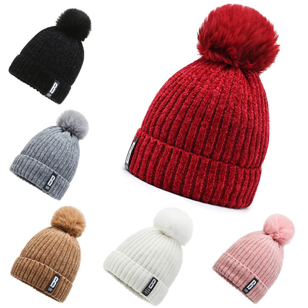 Knitted Bobble Hat Ladies Kids Beanie Warm Winter Pom-Pom Woolly Matching Cap