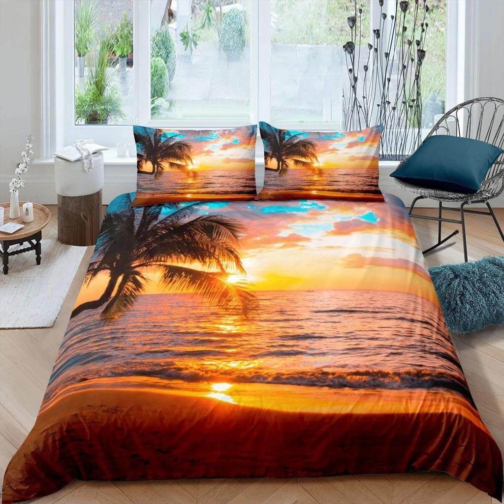 Summer Beach Duvet Cover Set Queen Ocean Bedding Set Hawaiian Palm Trees Marine Life Sea Waves Fish Printed Comforter Cover Set