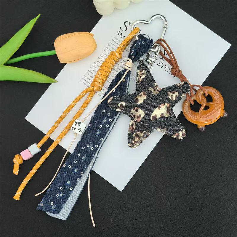 

Fashionable Denim Canvas Bag Creative Design Heart-shaped Contrasting Star Pattern Denim Bag New Retro Casual Crossbody Hole Bag