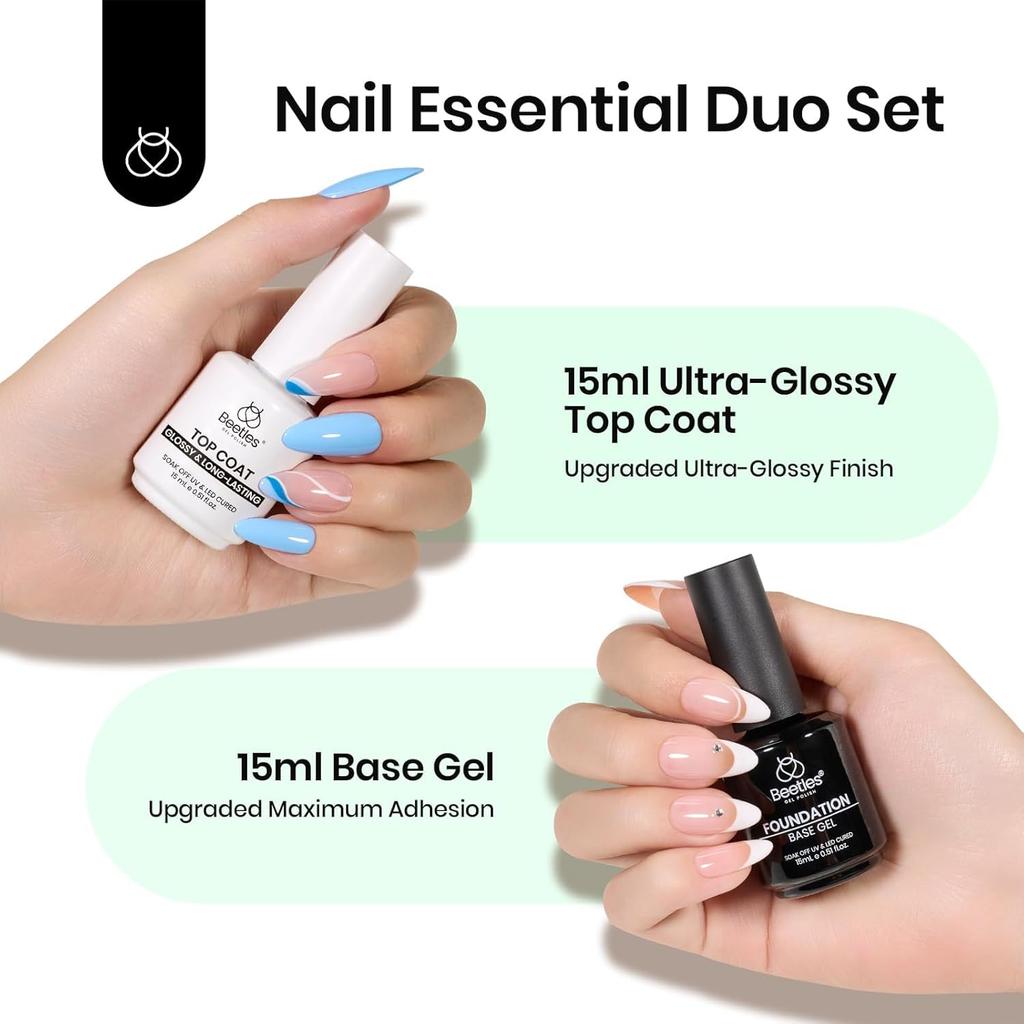 Beetles 15ml Gel Base Top Coat Set For Gel Nail Polish No Superb Shine Top Coat No Lamp Essential for Manicures Christmas Kit 2-Pack & - - Wipe-Off,