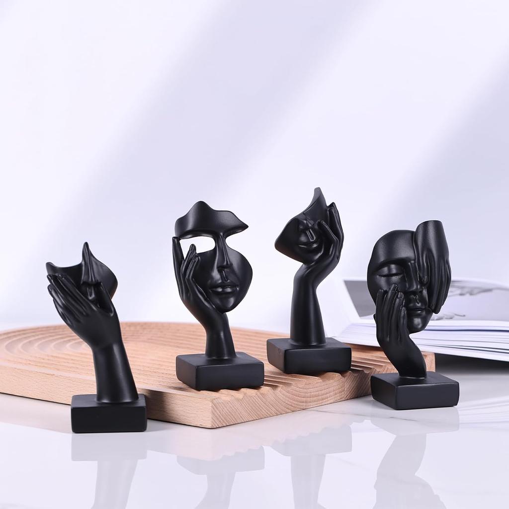 Black Abstract Thinker Figurine Set of 4, Home Art Face Small Statue for Accents Decor Women Bedroom Shelf Bookcase Room Desk, TV Stand, Coffee Table