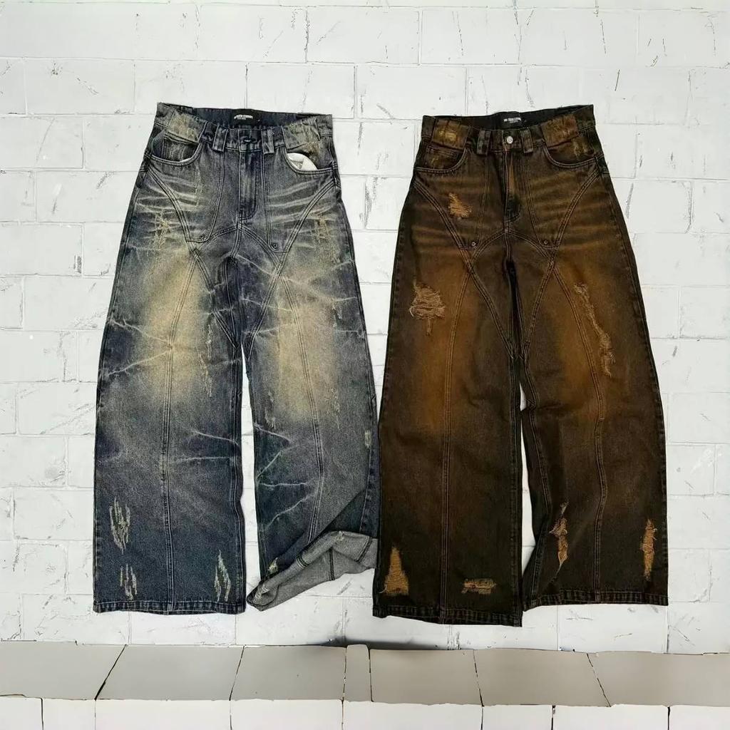ZYLLO Vintage Washed Jeans Y2K Clothes Mens Womens Retro Ripped Torn Baggy Jeans Punk Rock Low Waist Wide Leg Trousers Streetwear