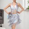 Women's Belly Dance Outfits Latin Dance Costume Sequins Fringe Skirt and Halter Bra Crop Top for Rave Cabaret Party
