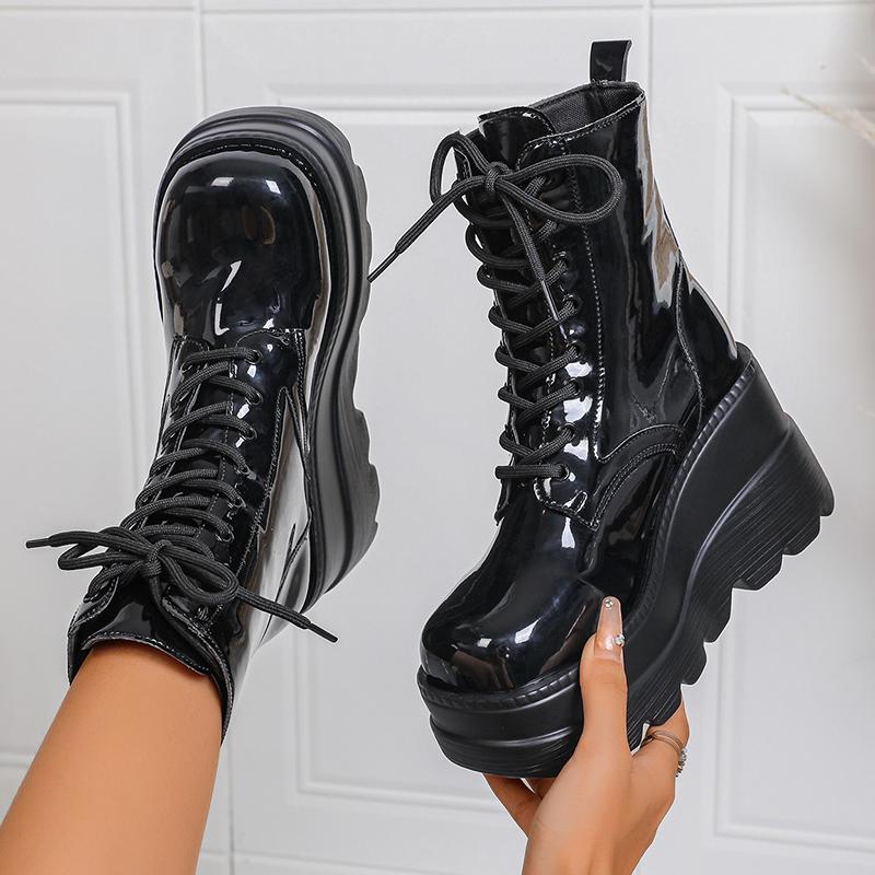 Punk Style Chunky Platform Ankle Boots Women Fashion Patent Leather Wedge Heel Combat Boots Woman Black Thick Sole Gothic Shoes