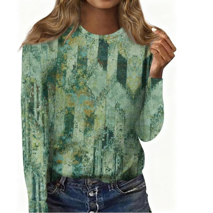 Spring and Autumn Round Neck Retro 3D Printed Top Fashionable Casual Long Sleeved Women's T-shirts