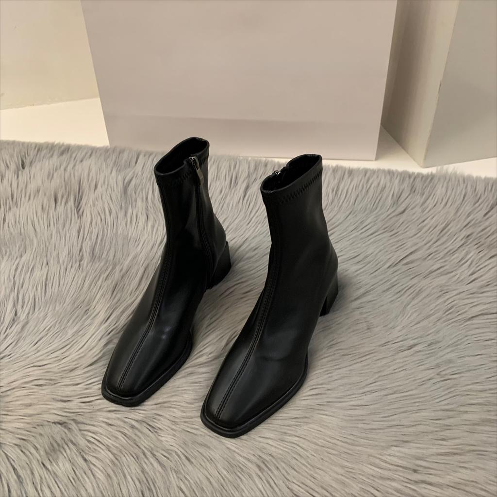 Autumn Winter Design Heel Ankle Boot Fashion Square Toe Zipper Ladies Casual Chelsea Boots Shoes Soft Leather Short Boot