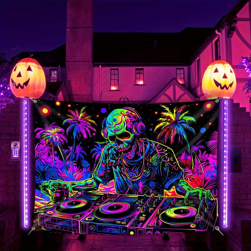 Glow in The Dark Skull DJ Tapestry, Blacklight Party Wall Art with Neon Palm Trees for Bedroom & Club