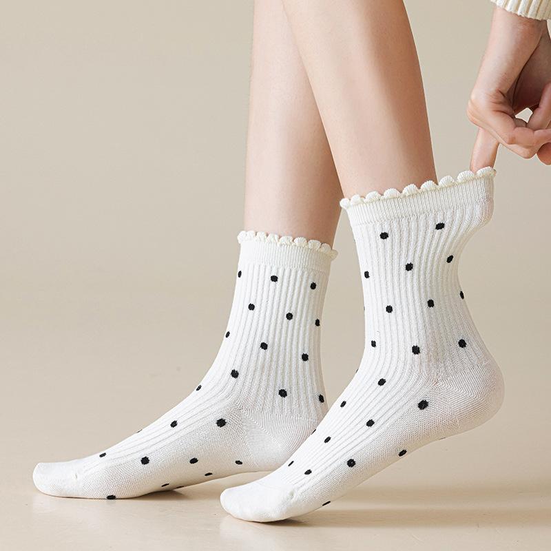 Polka Dot Socks Pure Cotton Medium Tube Socks Spring And Autumn Thin Versatile Cute Lace Polka Dot Stacking Socks Socks Industry