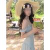 French Seaside Vacation Style Temperament Waist Thin Mesh Dress Women's Gentle Square Collar Summer Mint Green Dress