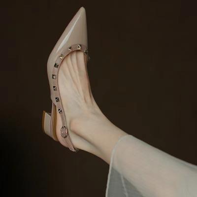 2025 Summer New Rivets with Sandals Women's Pointed Head Thick Heel Outer Wear Bag Head Cool Slippers Women's High Heels