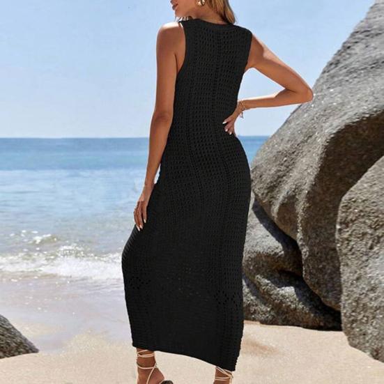 Dame Strand Cover Up Solkjole V-hals Heklet Hul Ut Maxi Kjole Strikket Justerbare Stropper Solbeskyttelse Strandklær