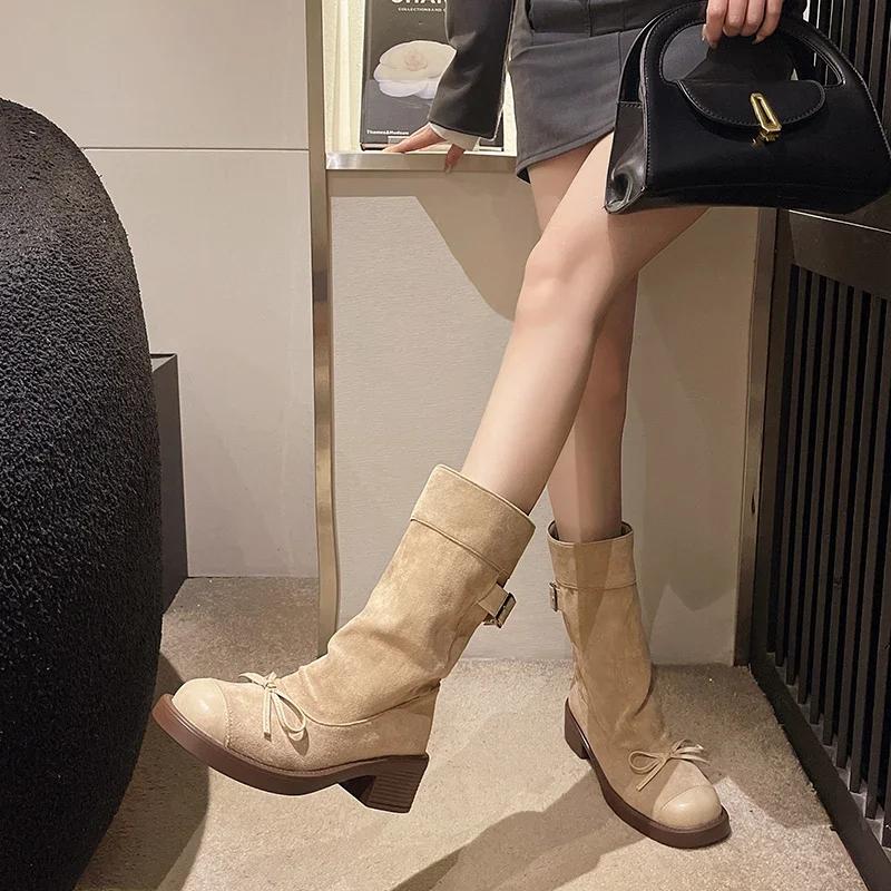 Fashion Women Platform Boots Khaki Suede Pleated Mid-calf Boots Retro Fashion Bowknot Outdoor Western Cowboy Boot Boots Woman 2024 Trend