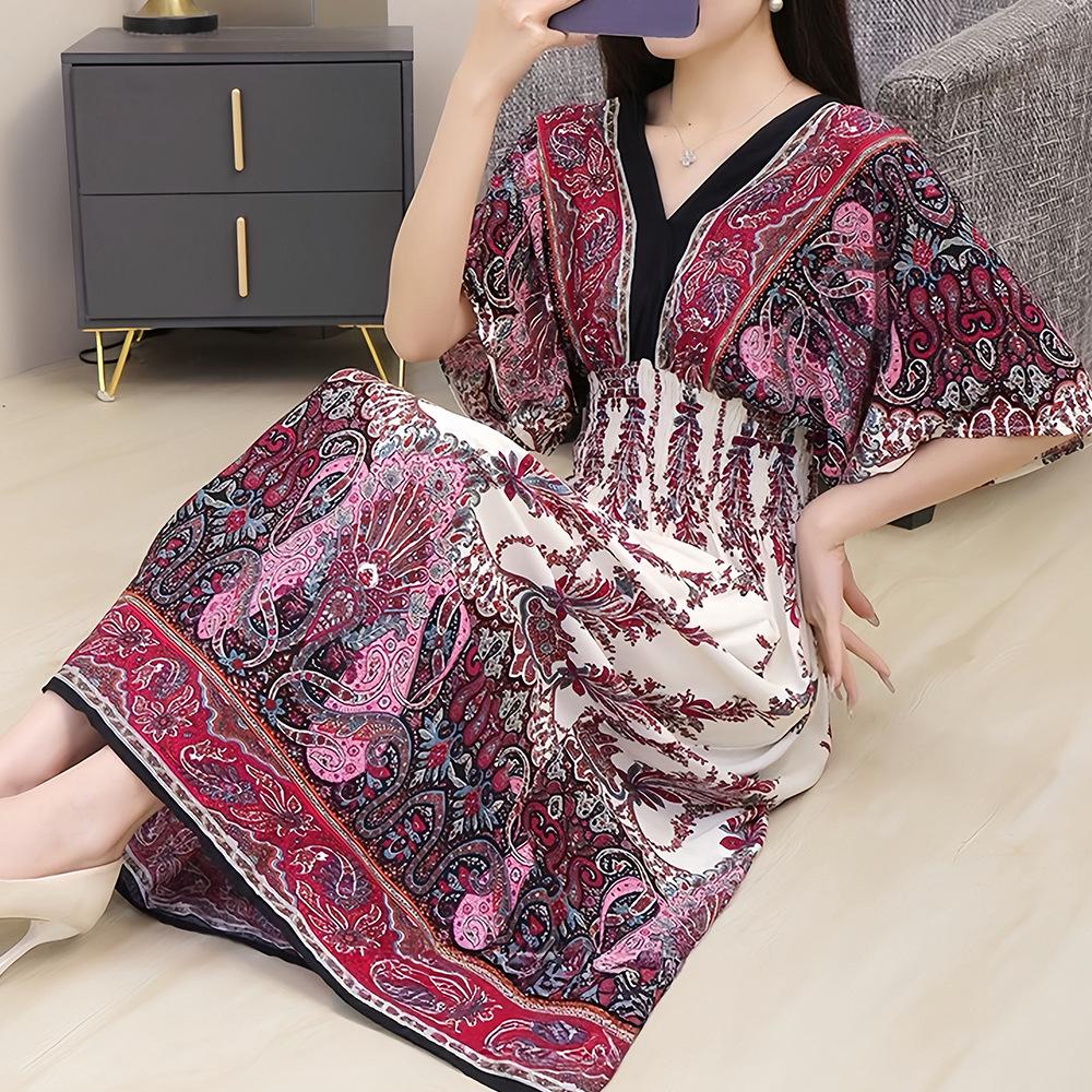 26-Year Floral V-Neck Cotton Silk Batwing Sleeve Beach Dress - Thailand Travel & Vacation Skirt Style