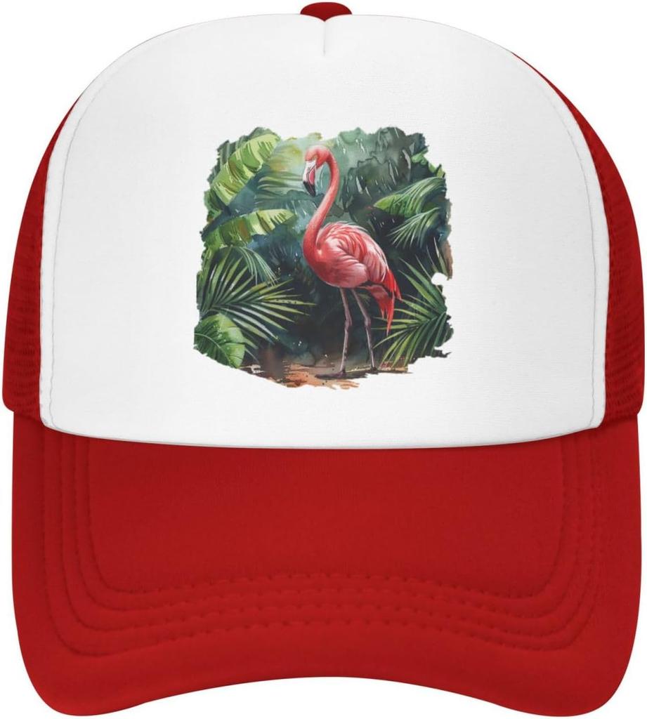 Flamingo Watercolor Palm Leaves Mesh Trucker Hat Adjustable Snapback Baseball Cap for Men Women