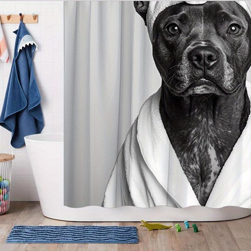 Pitbull Bathrobe Shower Curtain - Black & White Dog Design, Includes Turban & Robe, Polyester, 70.8X70.8 Inches, Washable