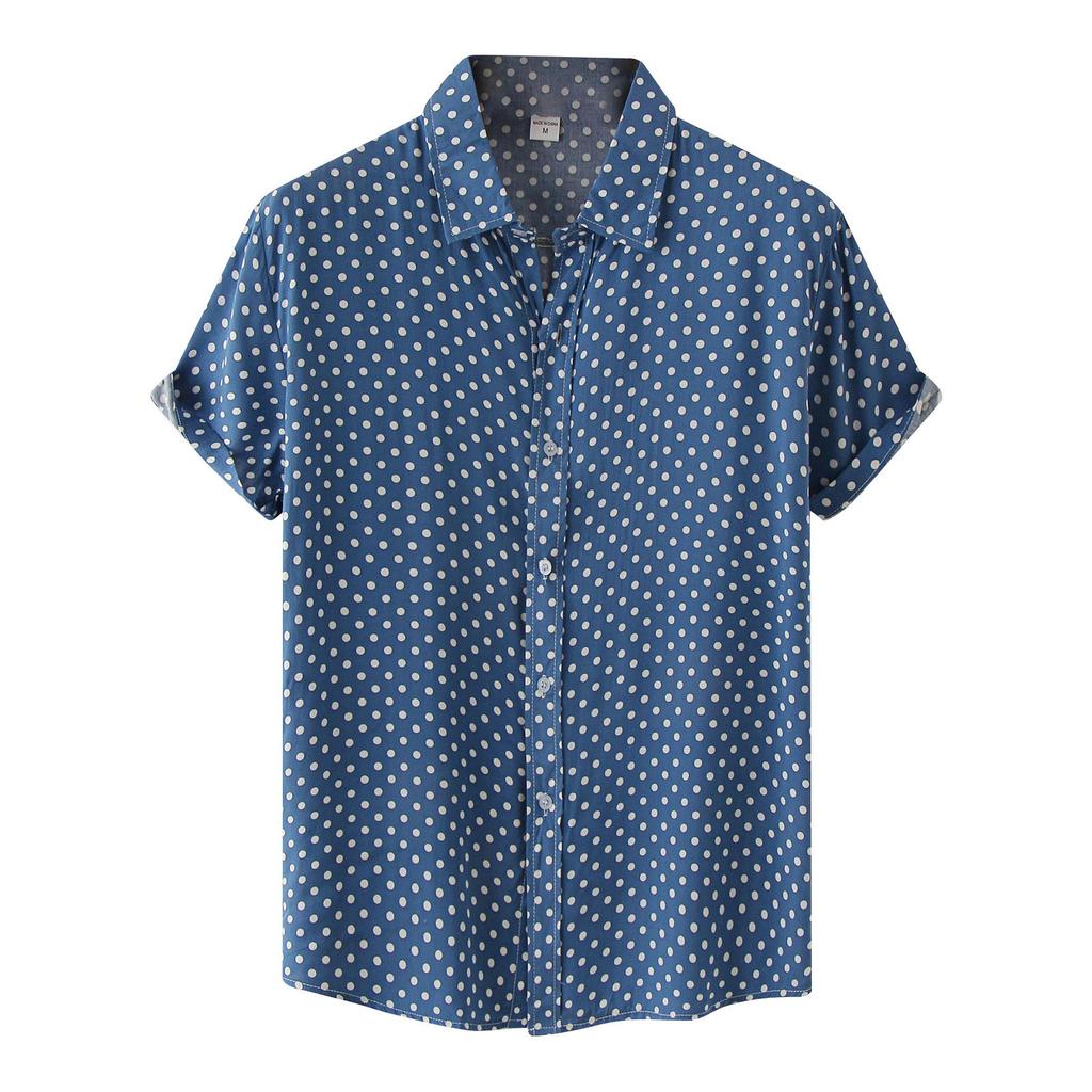 Men's Summer Leisure Vacation Printed Cotton Linen Top Polka Dot Print Lapel Short Sleeve Shirt