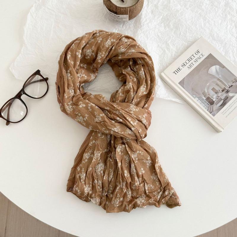 Scarf autumn and winter new floral retro pleated silk scarf neck protection warm scarf twist braid scarf shawl