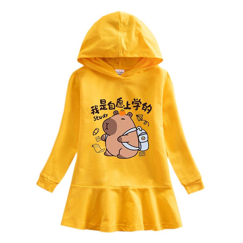 Girls' Ruffle Rainbow Hoodie Dress - Long Sleeve, Pleated, Princess Style