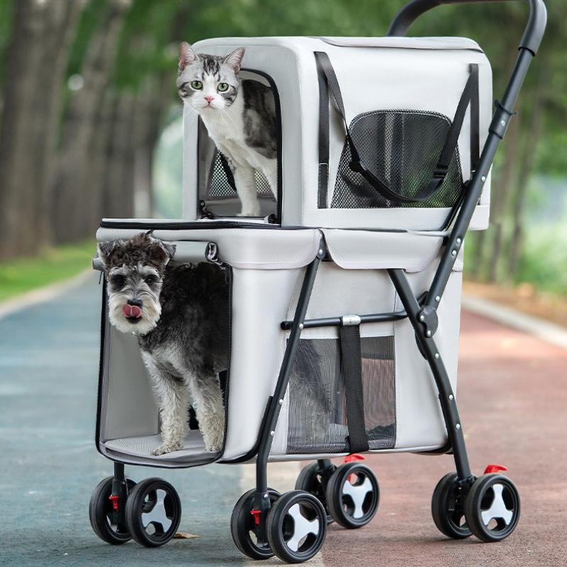 2-layer Pet Cart Lightweight Foldable Pet Outdoor Travel Stroller Ventilated Breathable Dog Cart Multifunctional Dog Carriers