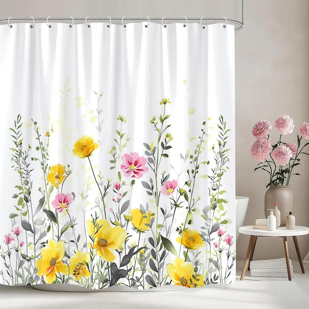 

Leaves Floral Shower Curtain Watercolour Plants Green Leaves Rustic Rustic Wood Panel Polyester Shower Curtains Bathroom Decor 120x180cm-47x70in