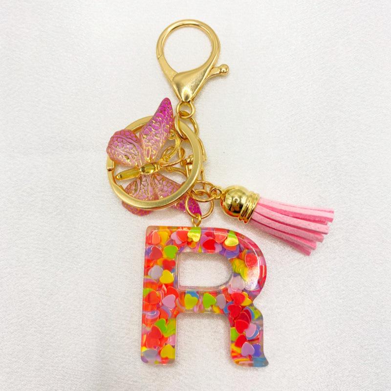 26-Letter Alphabet Resin Keychain with Star Sequins & Tassel Charm