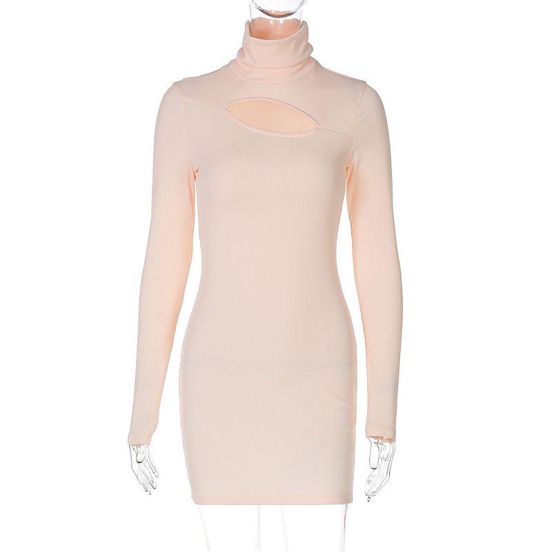 

Solid Color Hollow out Long Sleeve Dress Pure Color Cut Out Long Sleeves Bodycon Dress Apricot color L