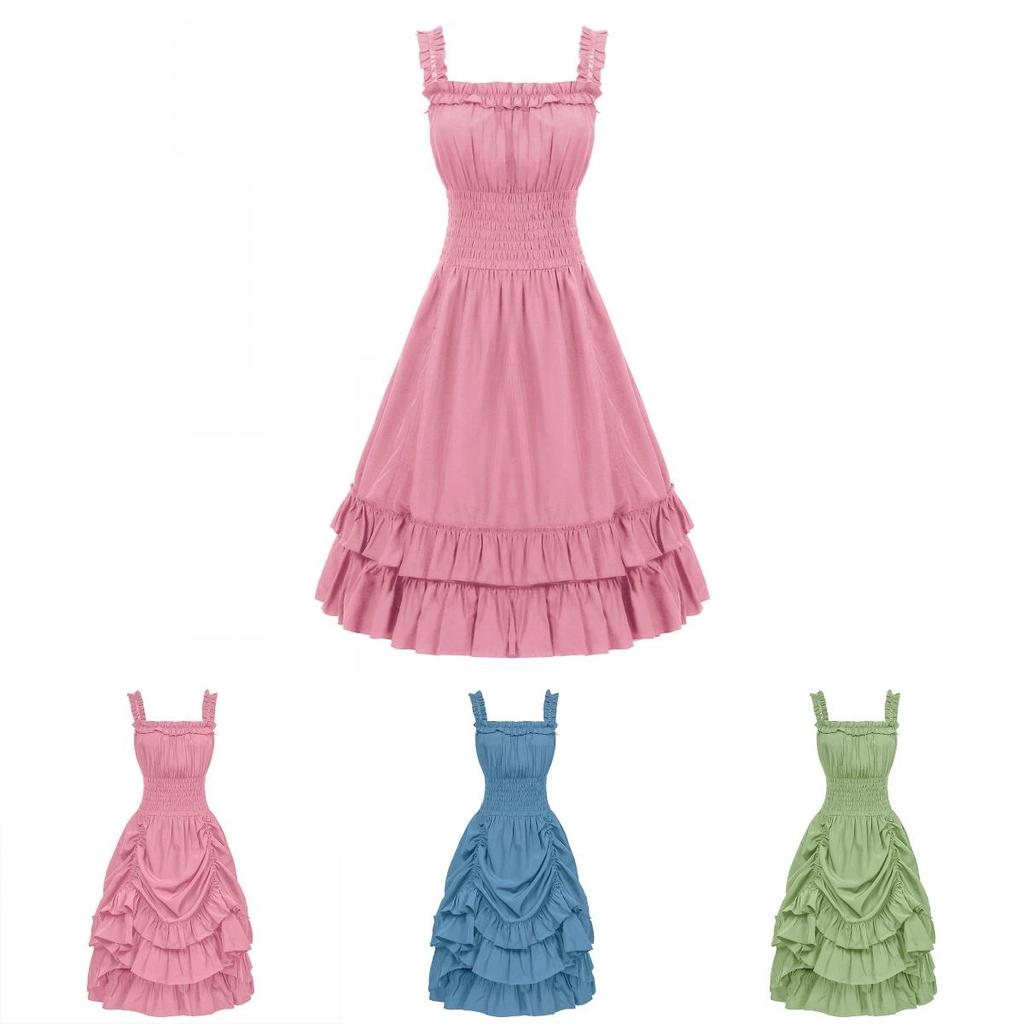 Halloween Medieval Fantasy Costume Dress With Ruffled Sleeveless Design For Theater Performances