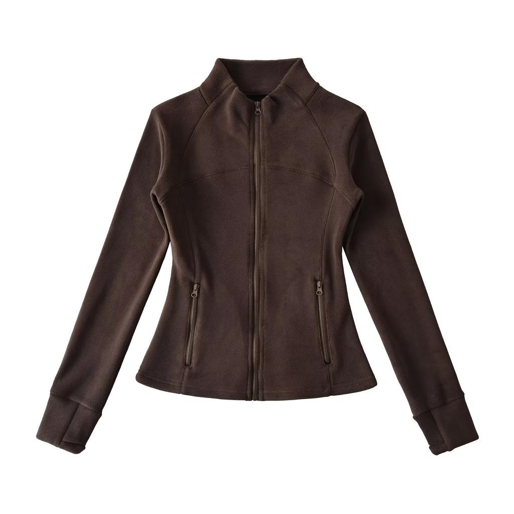 European and American style autumn and winter new solid-color coat with fleece thermal stand-up collar bottoming slim-fit top