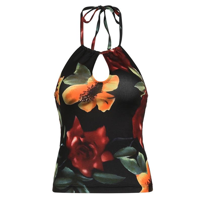 Personalized ethnic style fashion flower print slim fit neck sling vest Spice girl sexy backless hollow top
