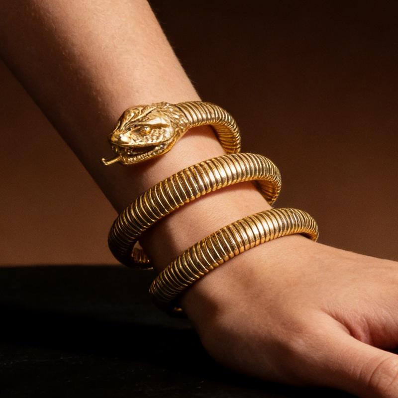 Hip Hop Rattlesnake Bracelet Men‘s Wome's Viper Open Cuff Bangles Gold Color Stainless Steel Wristband Charm Rock Chain Jewelry