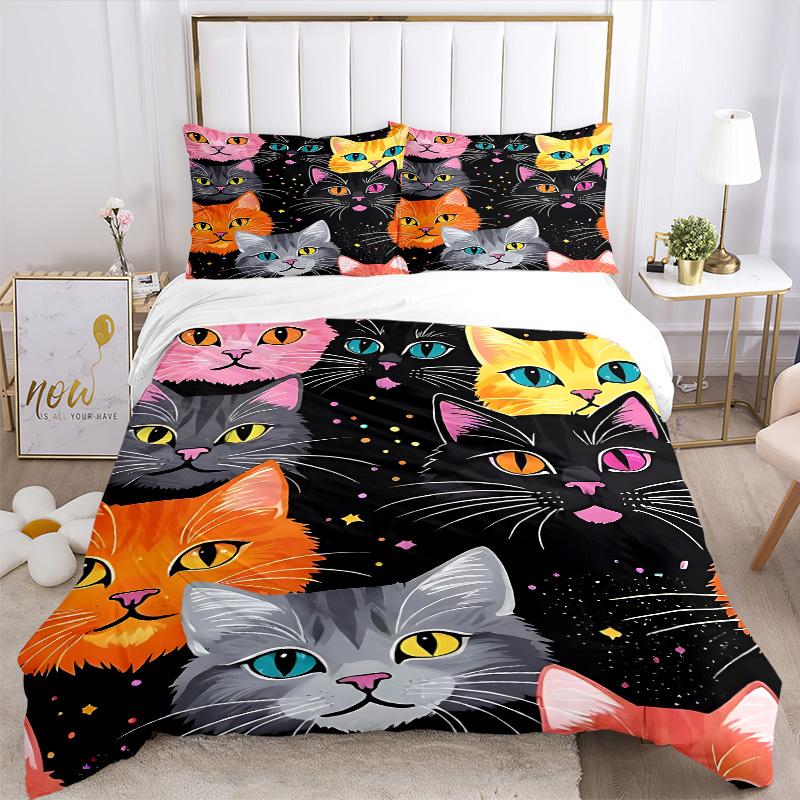 3Pcs Colorful Cats Printed Bedding Set, Breathable And Soft, Machine Washable, Christmas Gift, Suitable for Bedroom Decoration, 15147