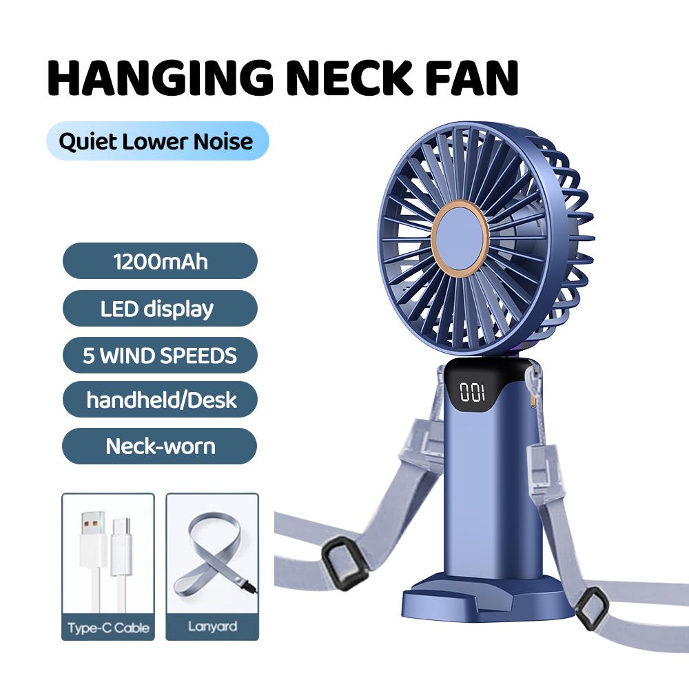 

Handheld Mini Foldable Fan with Lanyard 5-speed Adjustable Wind Phone Stand High Speed Desktop Fan Rechargeable Hangin Neck Fans синий