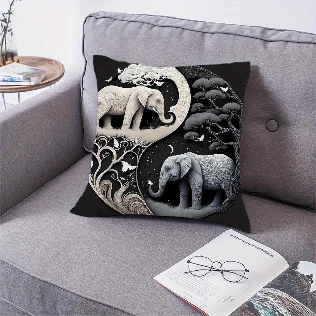 1 Piece of Modern Elephant and Pine Print Soft Short Plush Pillow Cover, 18x18 Inch Single-sided Printed Cushion