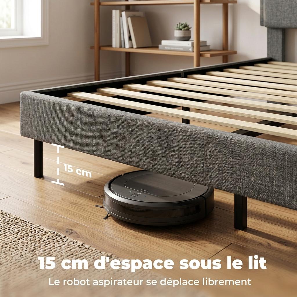 Double Bed Frame, 140 x 190 cm, Slatted Base and Headboard, Linen, Storage Underneath, Grey