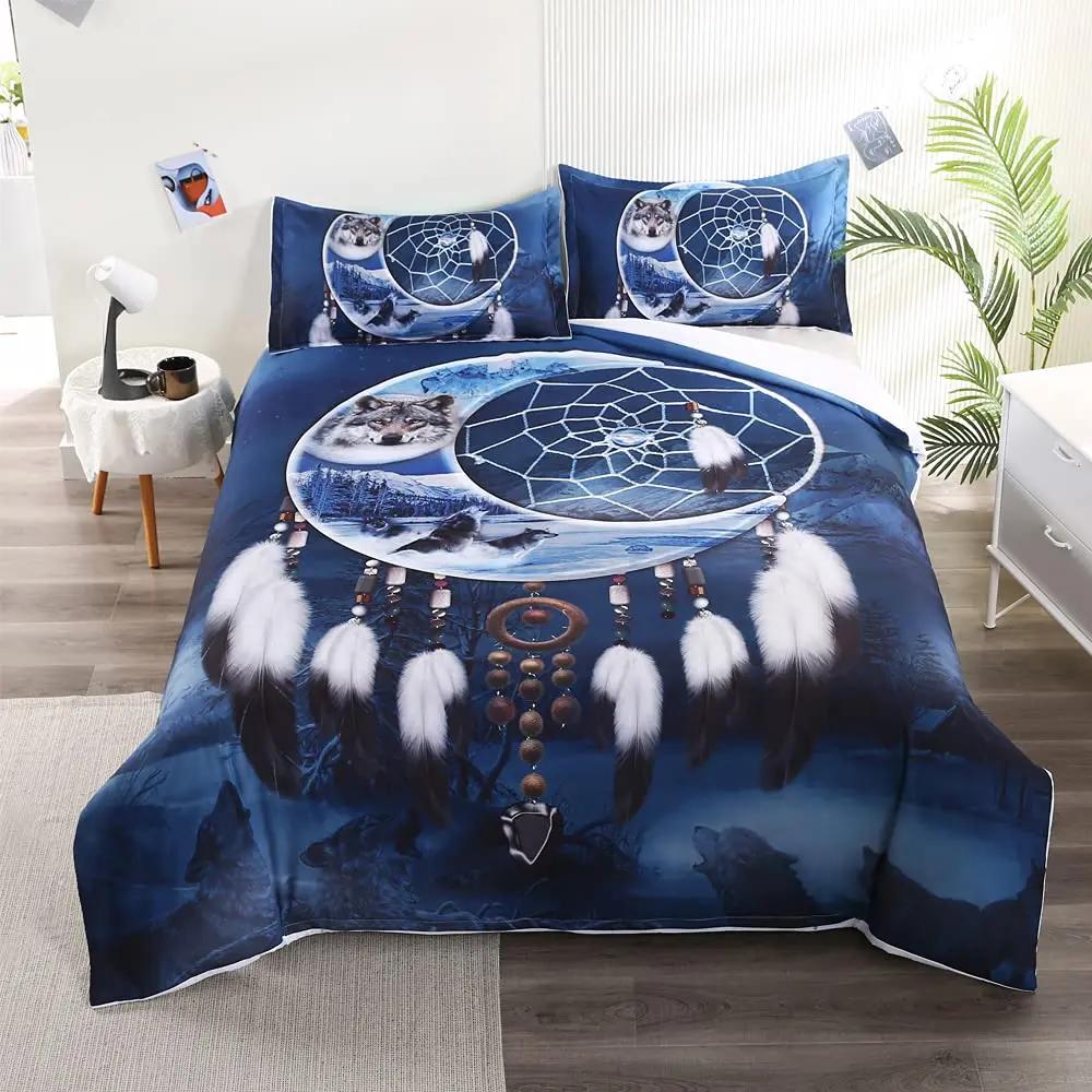 Wolf Dreamcatcher Duvet Cover Set Full Size Indian Dreamcatcher Animal 3D Bedding Set Exotic Style Bohemia Comforter/Quilt Cover