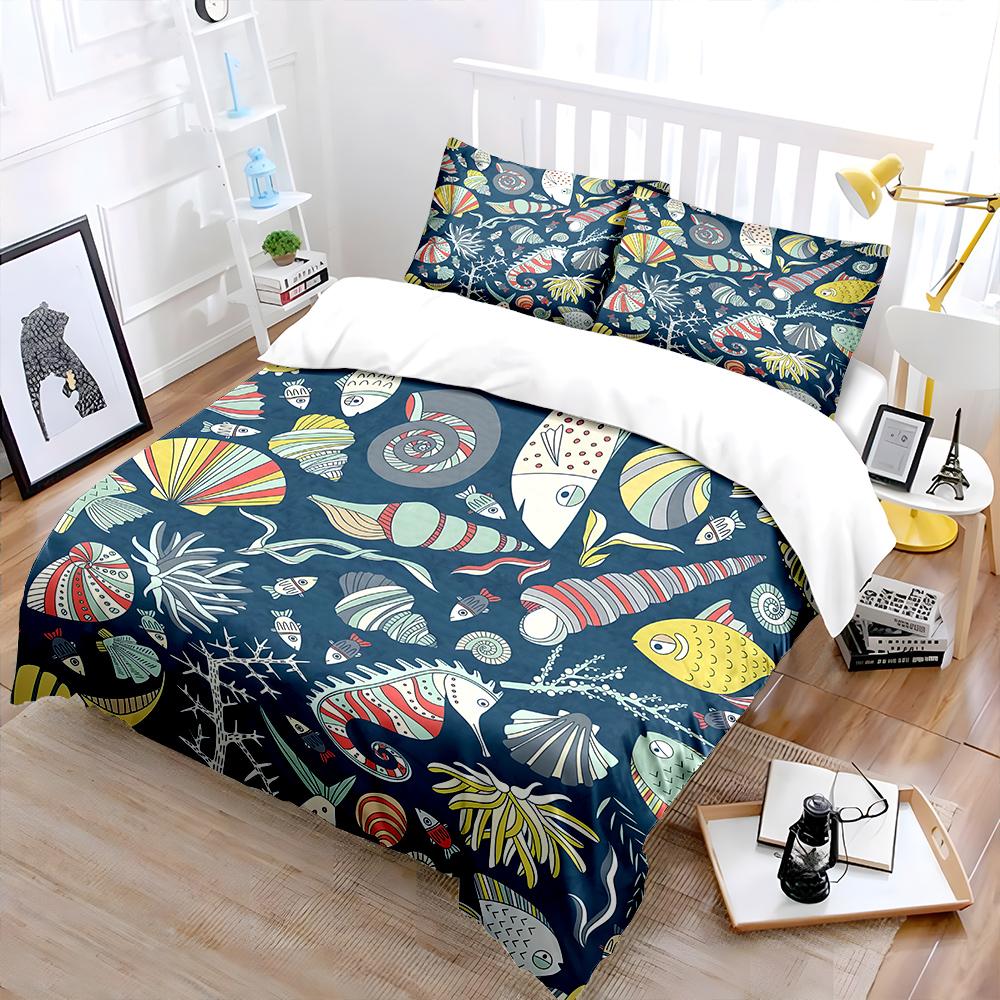 Coral Seahorse Ocean creatures pattern Bedding Set for Kids Luxury Gift 3pcs Digital Print Comforter Set Soft Comfortable