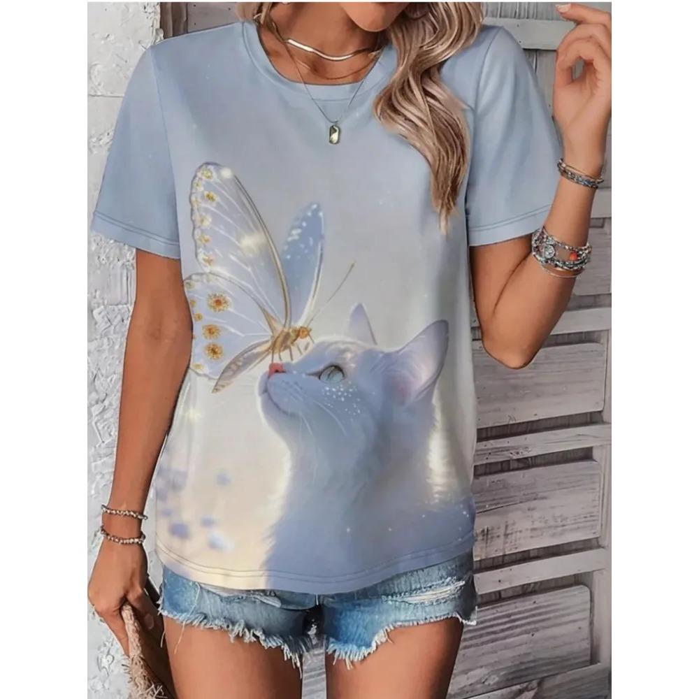 Summer Round Neck Cat Pattern 3D Print Top Fashionable Casual Short Sleeved Women's T-shirts