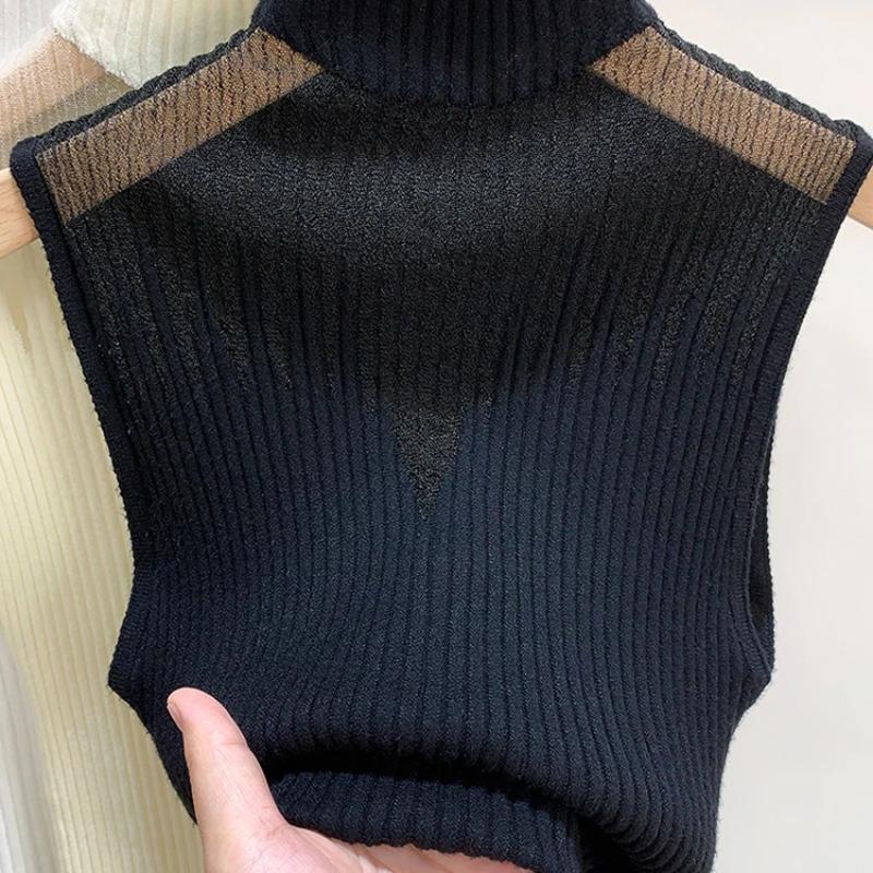 Mesh Knitted Top Women Tank Top Half Neck Vest Female Sleeveless Sweater Chic Cut Out Streetwear Solid Skinny Tube Top