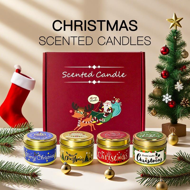Christmas Scented Candle Gift Set, Smokeless Soy Wax in Tin Box, Premium Holiday Decor Gift